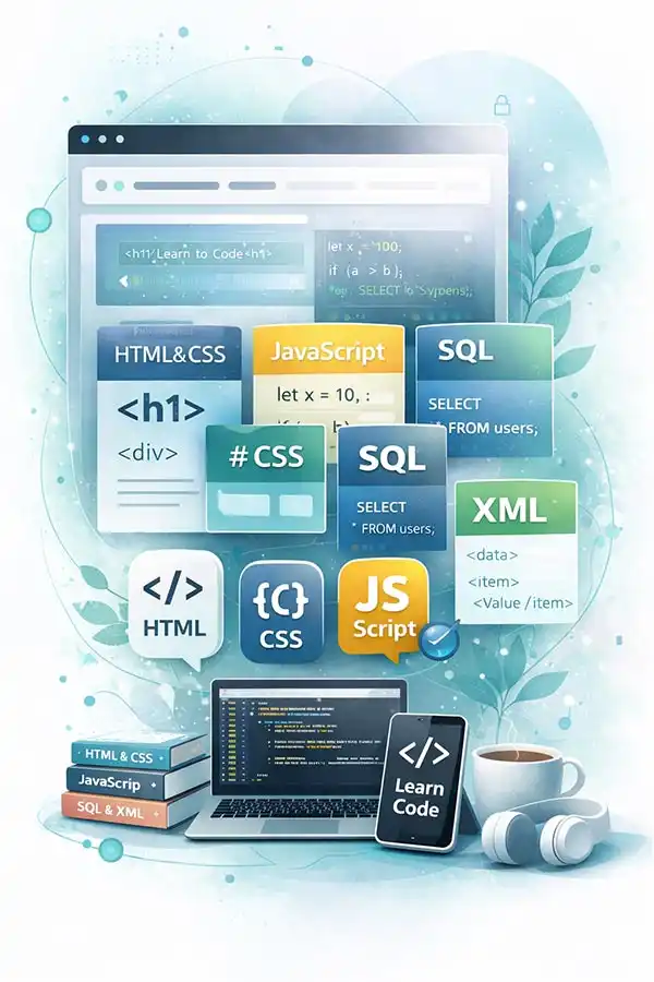 Illustration die anzeigt welche Kurse man erwerben kann. Html, Css, Java Script uvm.
